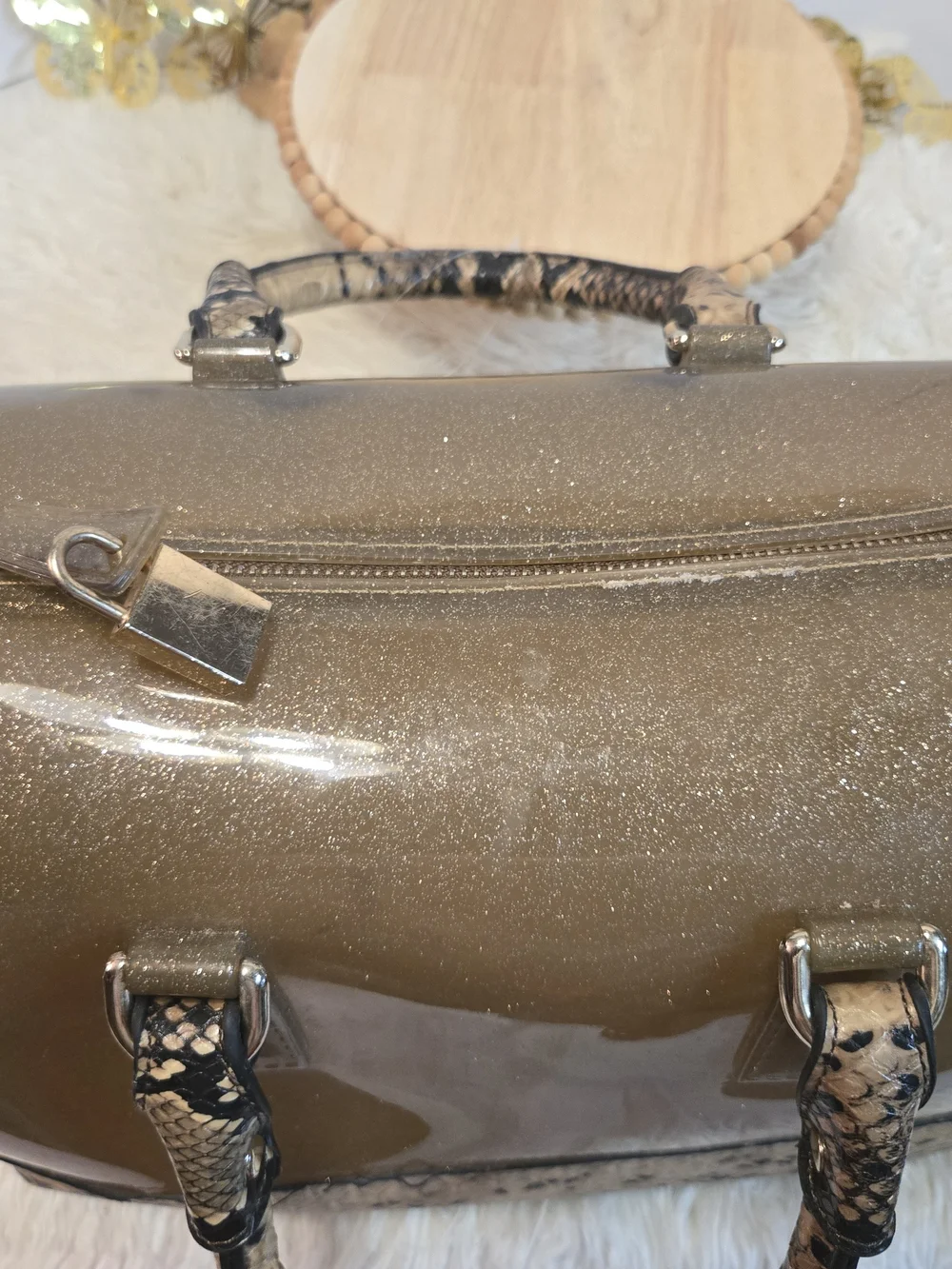 Glitter Dome Satchel in Taupe with Snake-Print Trim